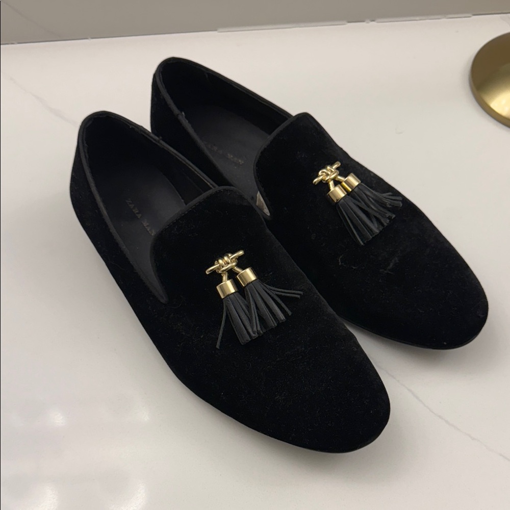 Zara Black Loafers with Gold Tassels